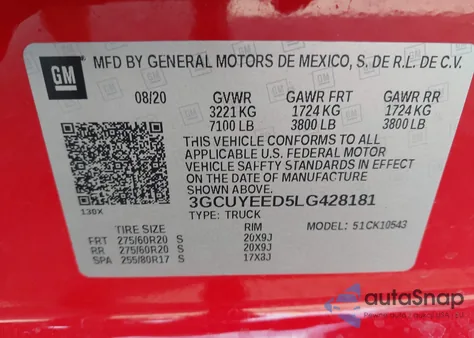 2020 Chevrolet Silverado 1500 4Wd Short Bed Rst from USA, damaged, VIN 3GCUYEED5LG428181